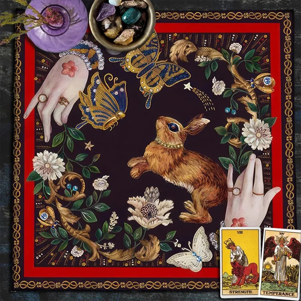 Bunny Butterfly Flower Altar Cloth Tablecloth Spread Tarot Reading Cloth Home Decor Pagan Witchcraft Astrology Oracle Card Mat