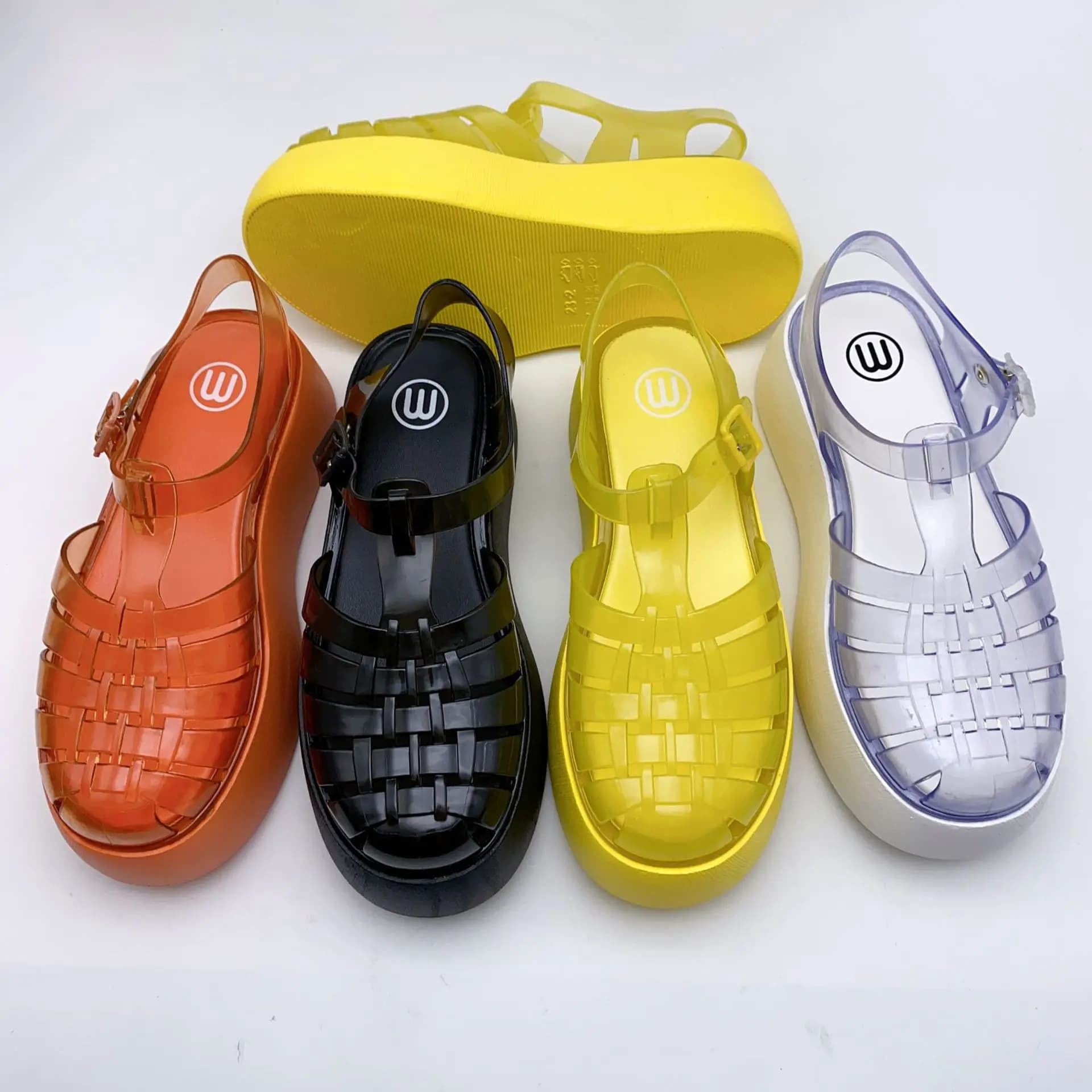 Sandali da donna con tacco spesso in PVC alla moda con plateau traspirante scavato solette in gelatina sandali in tinta unita