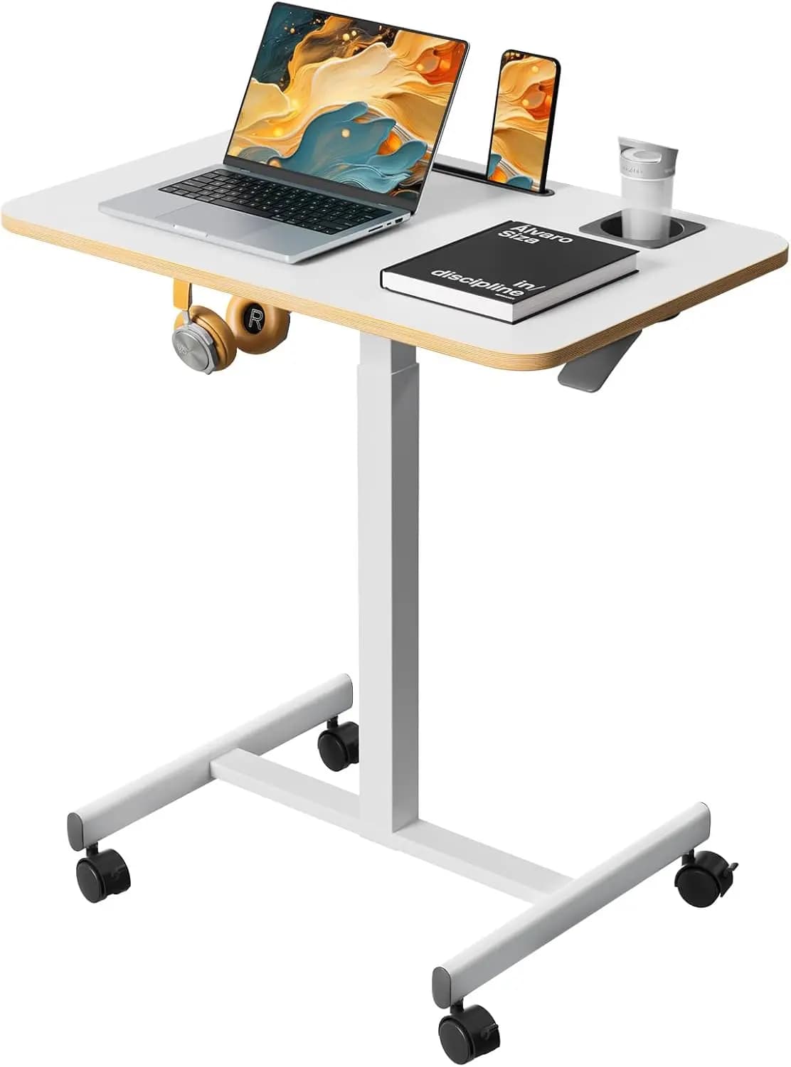 Scrivania mobile con ruote, carrello per laptop regolabile in altezza con portabicchieri, tavolo portatile da 28 pollici