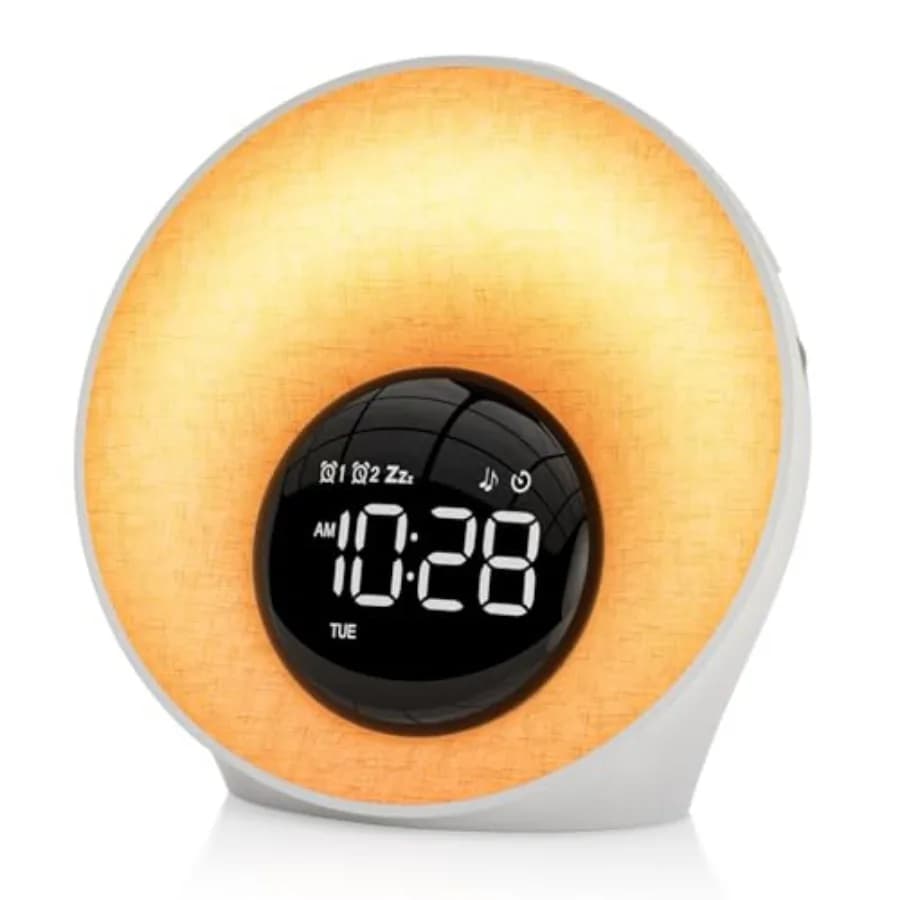 Sveglia con luce di risveglio, macchina del rumore bianco con 30 suoni rilassanti, luce notturna dimmerabile a 8 colori, doppio allarme