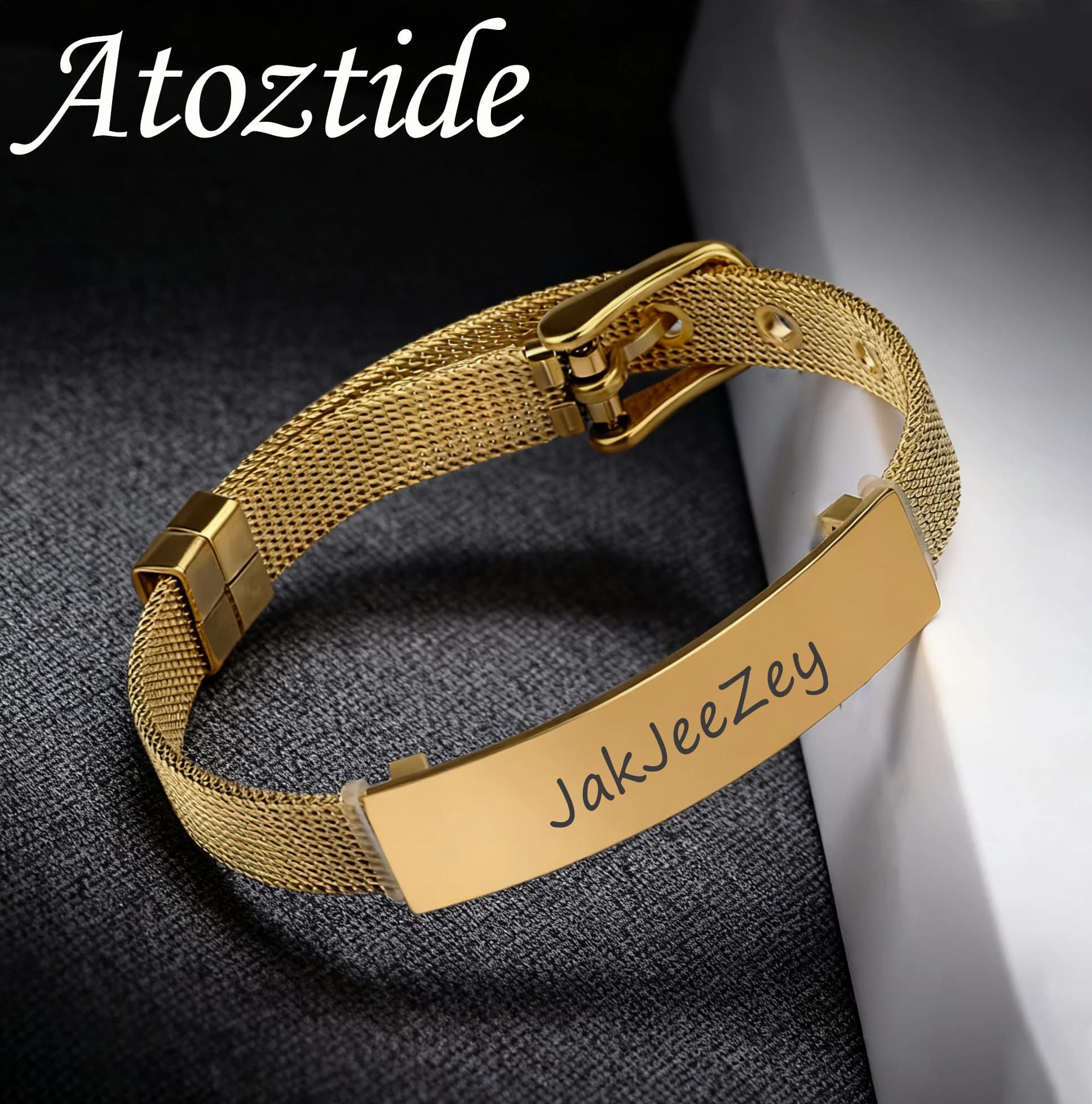 Atoztide Bracciale a maglie con nome inciso per donna Uomo Bracciale con fibbia per gioielli in acciaio inossidabile Regalo di compleanno di Natale personalizzato