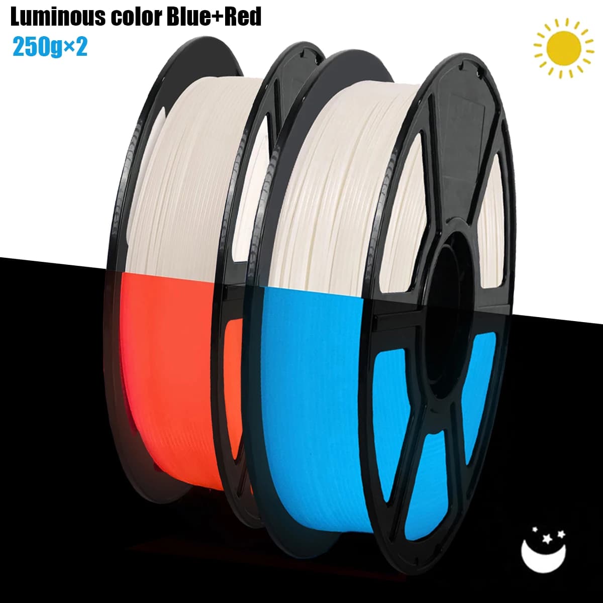 Bright PLA Filament 1,75 mm +/- 0.03 mm, 250 g coil (0.55 lbs) 3D Printer Filament, which lights in the dark, blue/red