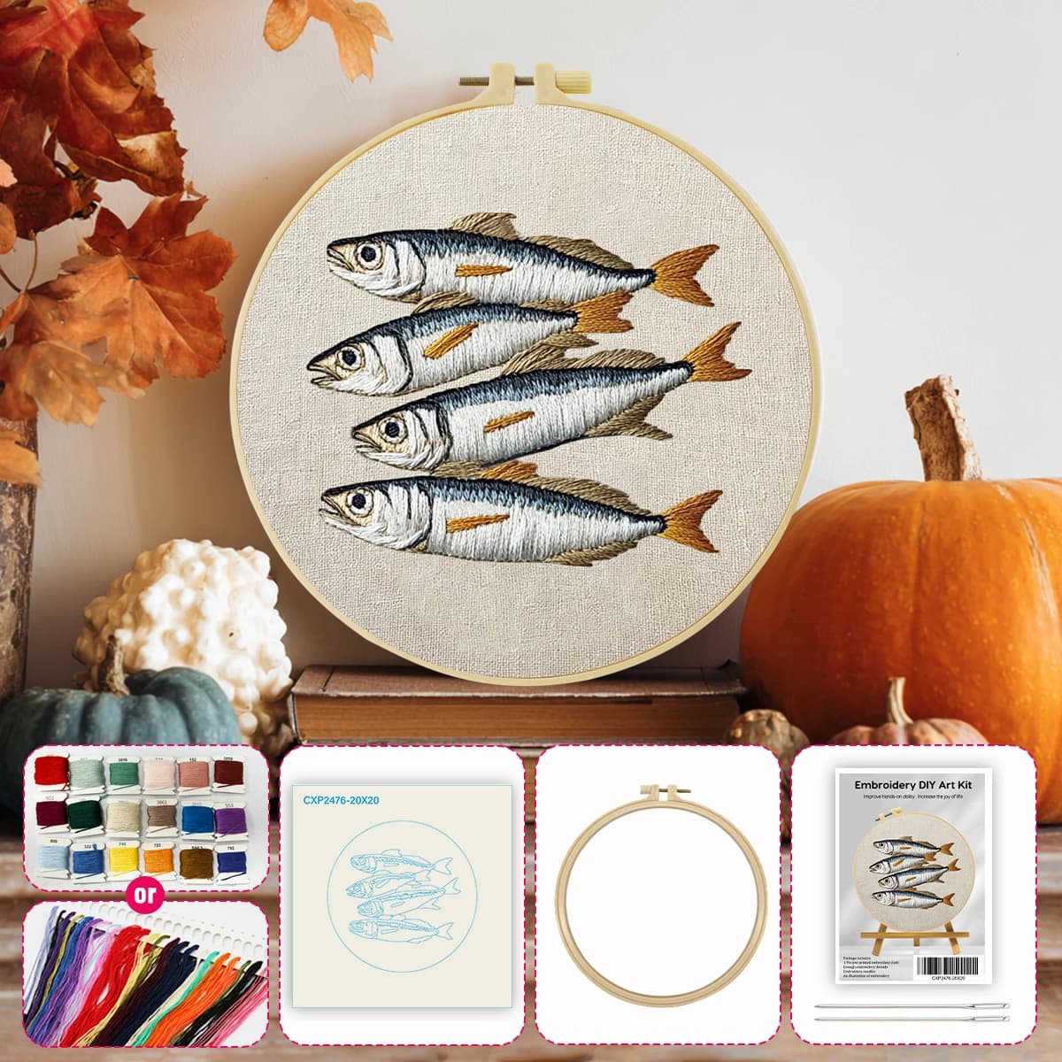 salted fish DIY Embroidery Kit, with Pattern Cotton Threads Needles Hoop Handmade Embroidery Kit
