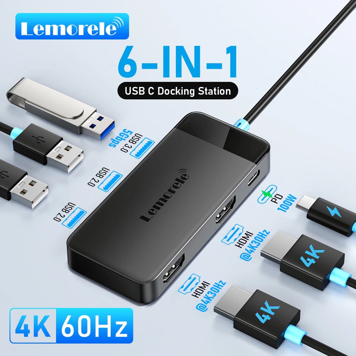 TC122 USB C HUB Double HDMI 4K Docking Station USB 3.0 PD 100W Type C Door for MacBook iPad M2 M1 Steam Deck Laptop