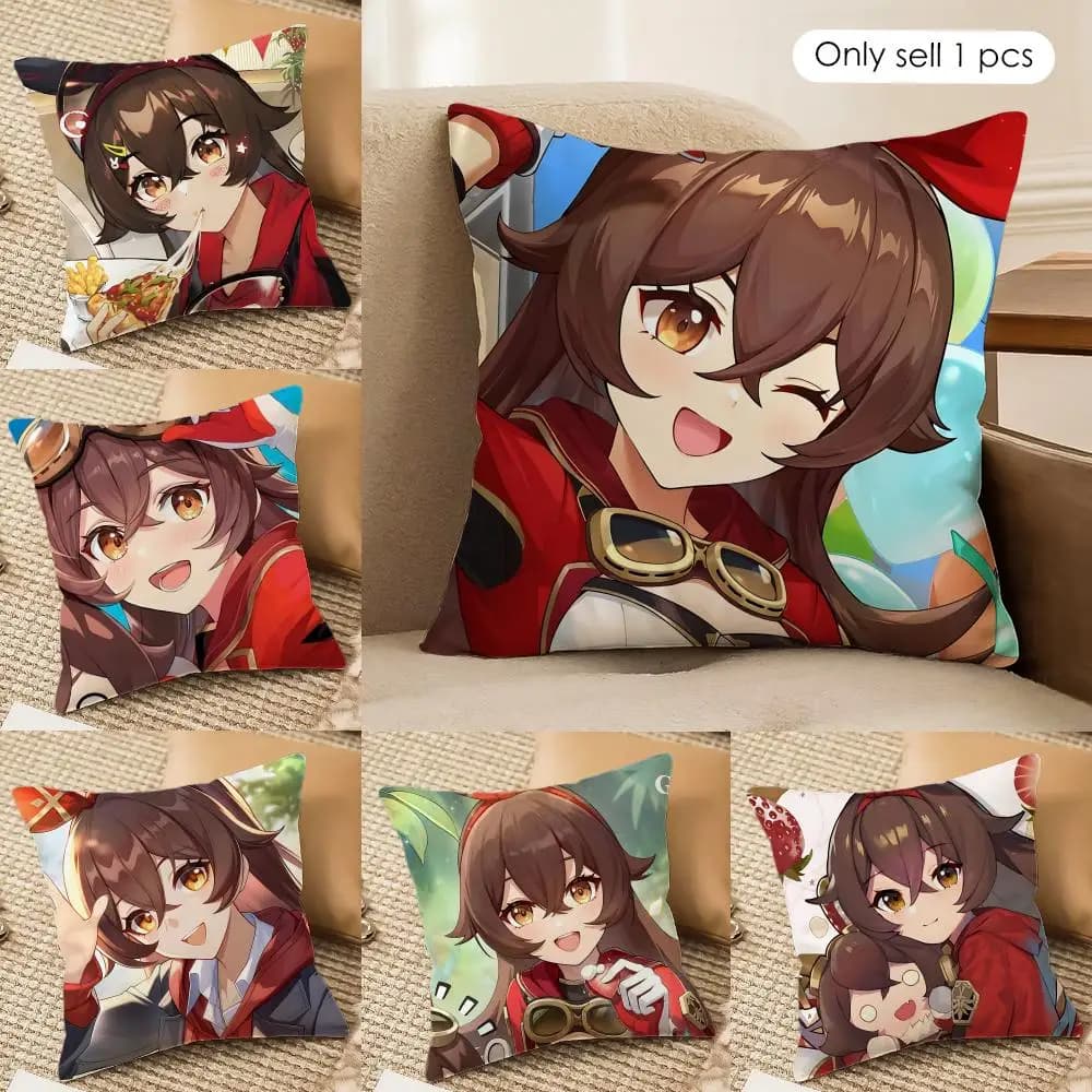 Amber Genshin Impact Cushion Cover Silky Short Plush Invisible Zipper Dustproof Sofa Pillow Case For Home Decor