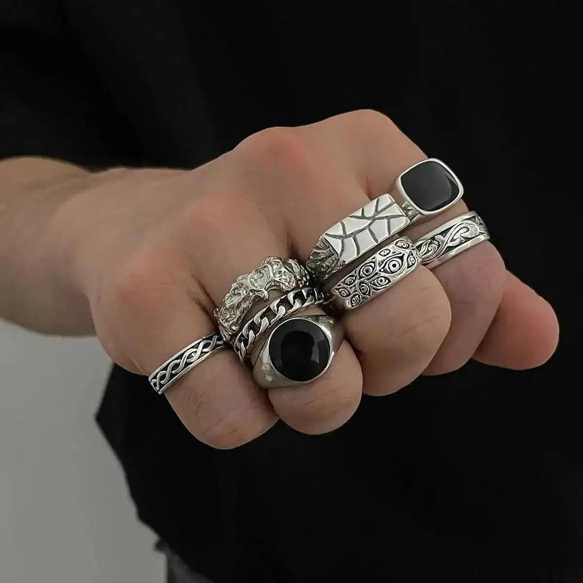 IngeSight.Z Set di 8 anelli in argento stile gotico punk da uomo, anelli geometrici irregolari creativi, gioielli steampunk, accessori