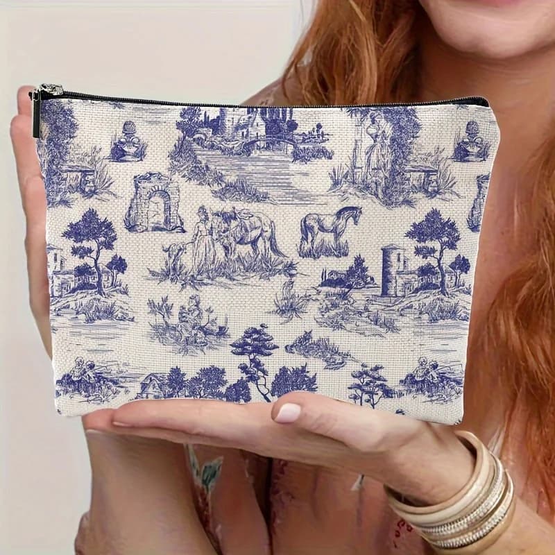 Women's Polyester Makeup Bag with Horse & Figures Pattern, Spacious Travel Cosmetic Pouch Lightweight Storage Bangs Fashion