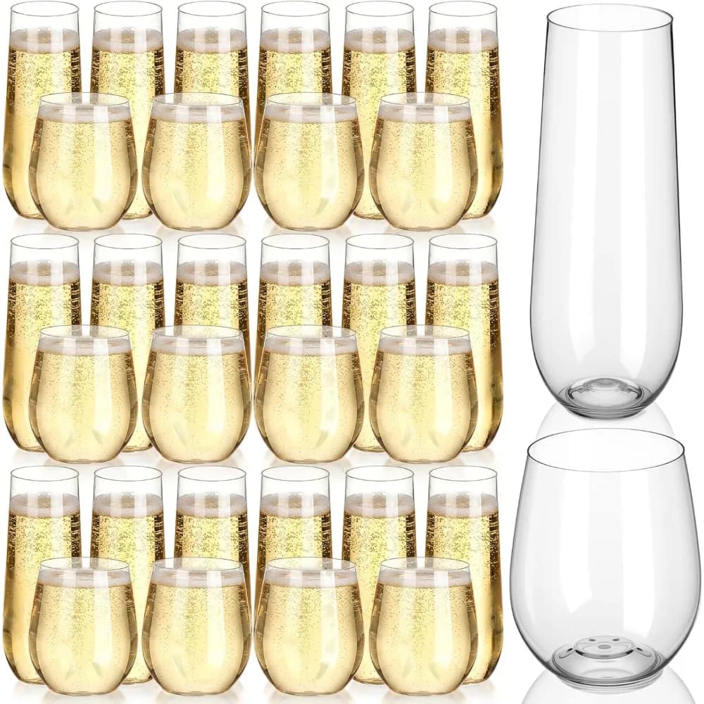 48 Bicchieri Monouso Senza Stelo per Vino e Champagne, 9oz 12oz, Infrangibili, Trasparenti, Resistenti per Matrimoni, Bar ed Eventi