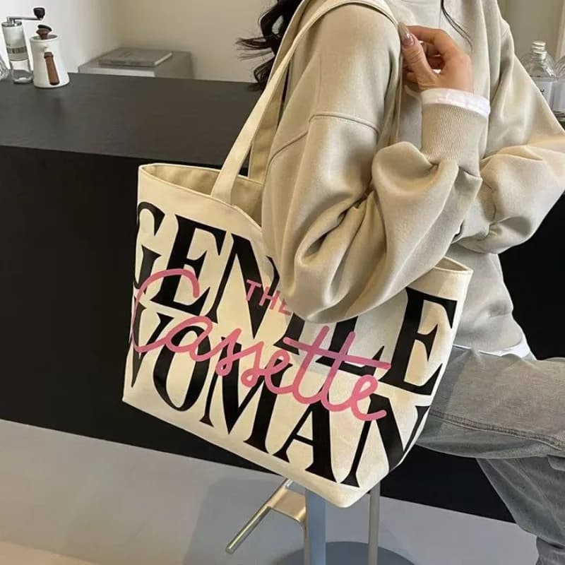Stylish Women Casual Canvas Tote Bag with Letter Print Large Capacity Shoulder Purse for Daily Commute Handbag Shopping Trips