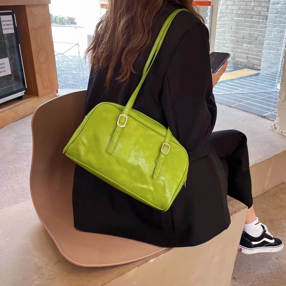 Simple Green Boston Bag Korean Style Solid Color Underarm Bag Pillow Bag Tote Bag PU Leather Shoulder Bag Daily