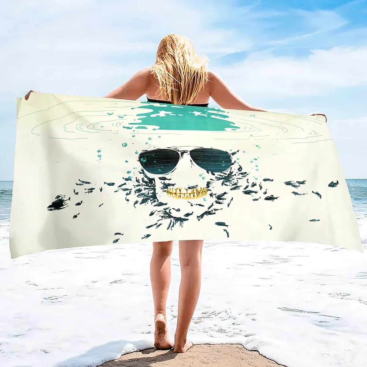 Asciugamano da spiaggia con teschio Tessuto in spugna leggero Asciugamani sottili oversize assorbenti da viaggio ad asciugatura rapida per piscina, nuoto, bagno, campeggio