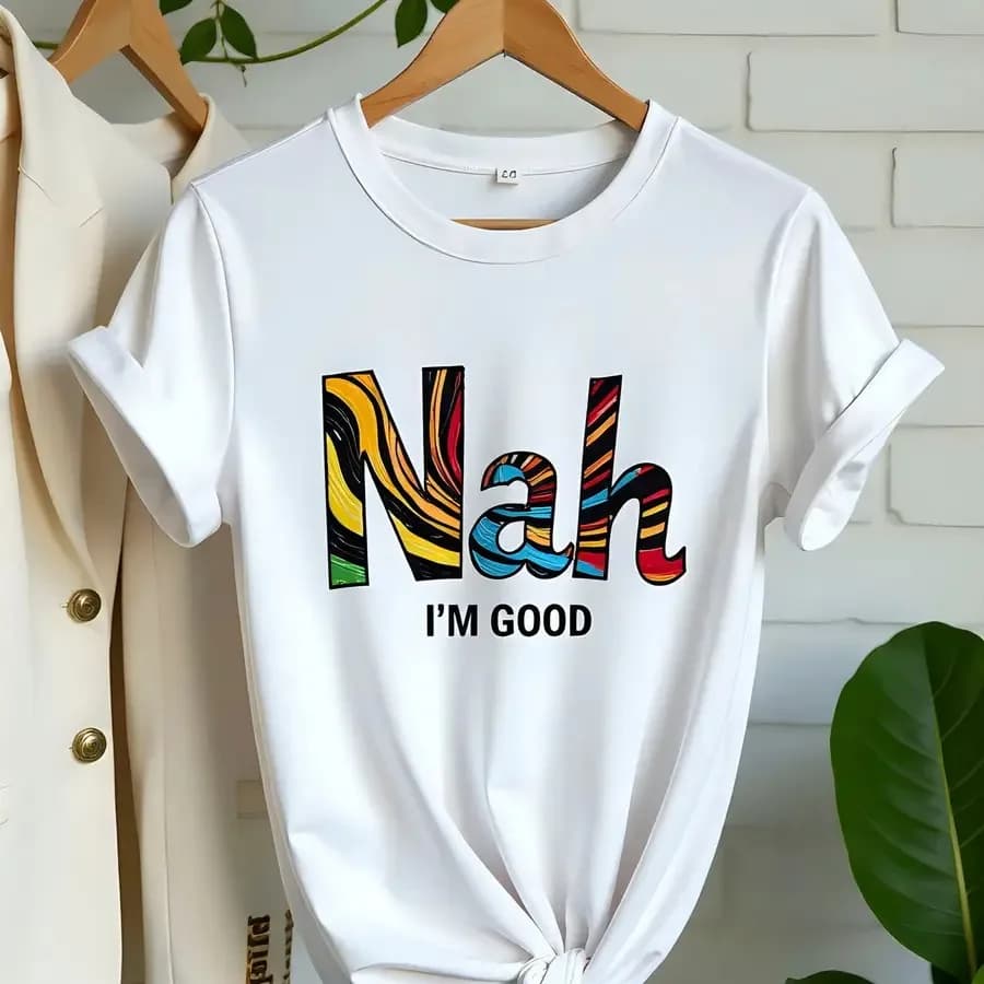 T-shirt grafica da donna con scritta divertente 'Nah I'm Good' con lettere grandi, girocollo morbido, maglietta per tutti i giorni, regalo ideale per la Festa della Mamma