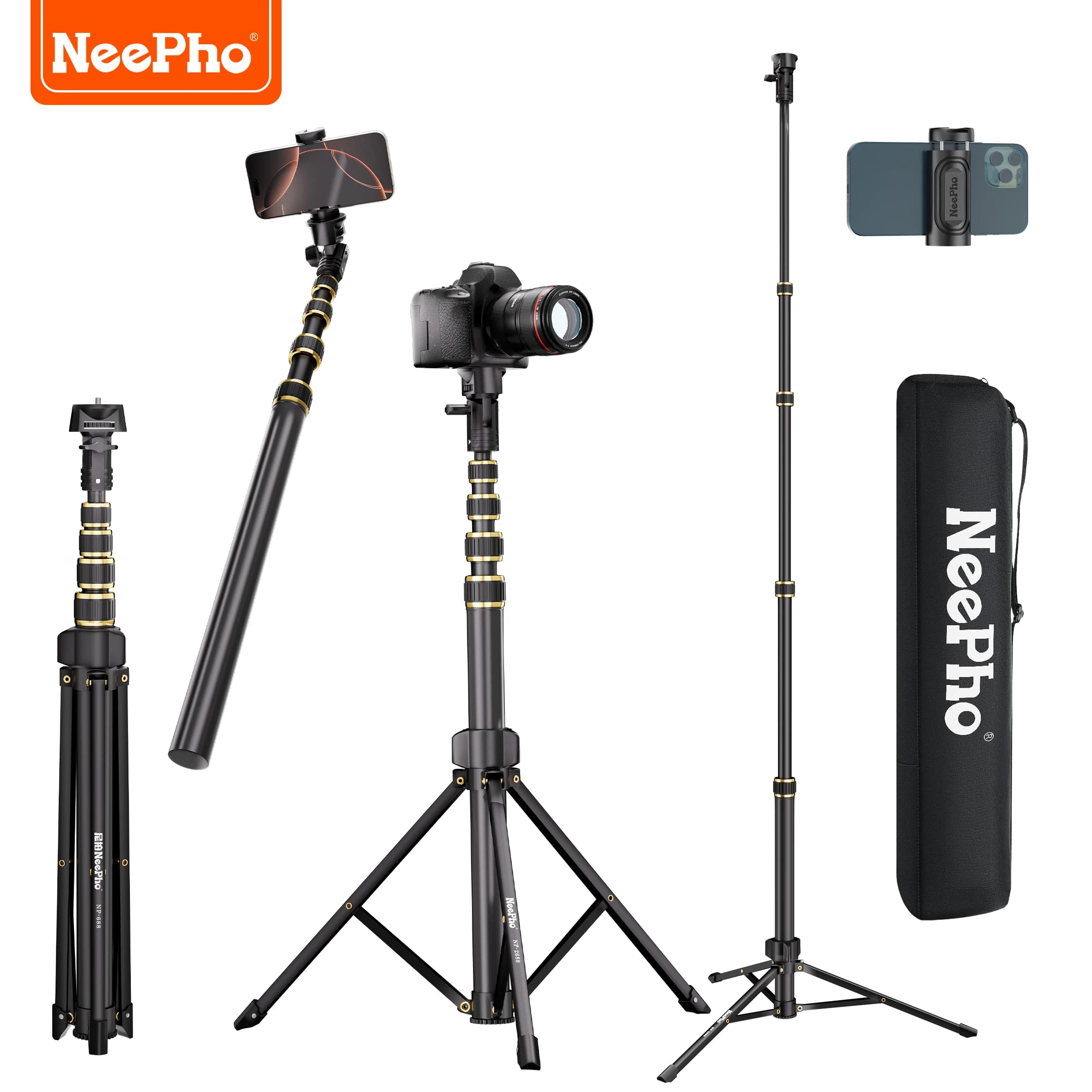 NeePho Multi-angle Gimbal 210cm Ultra-light Aluminum Alloy Tripod Selfie Stick NP-688 for Camera & Phone