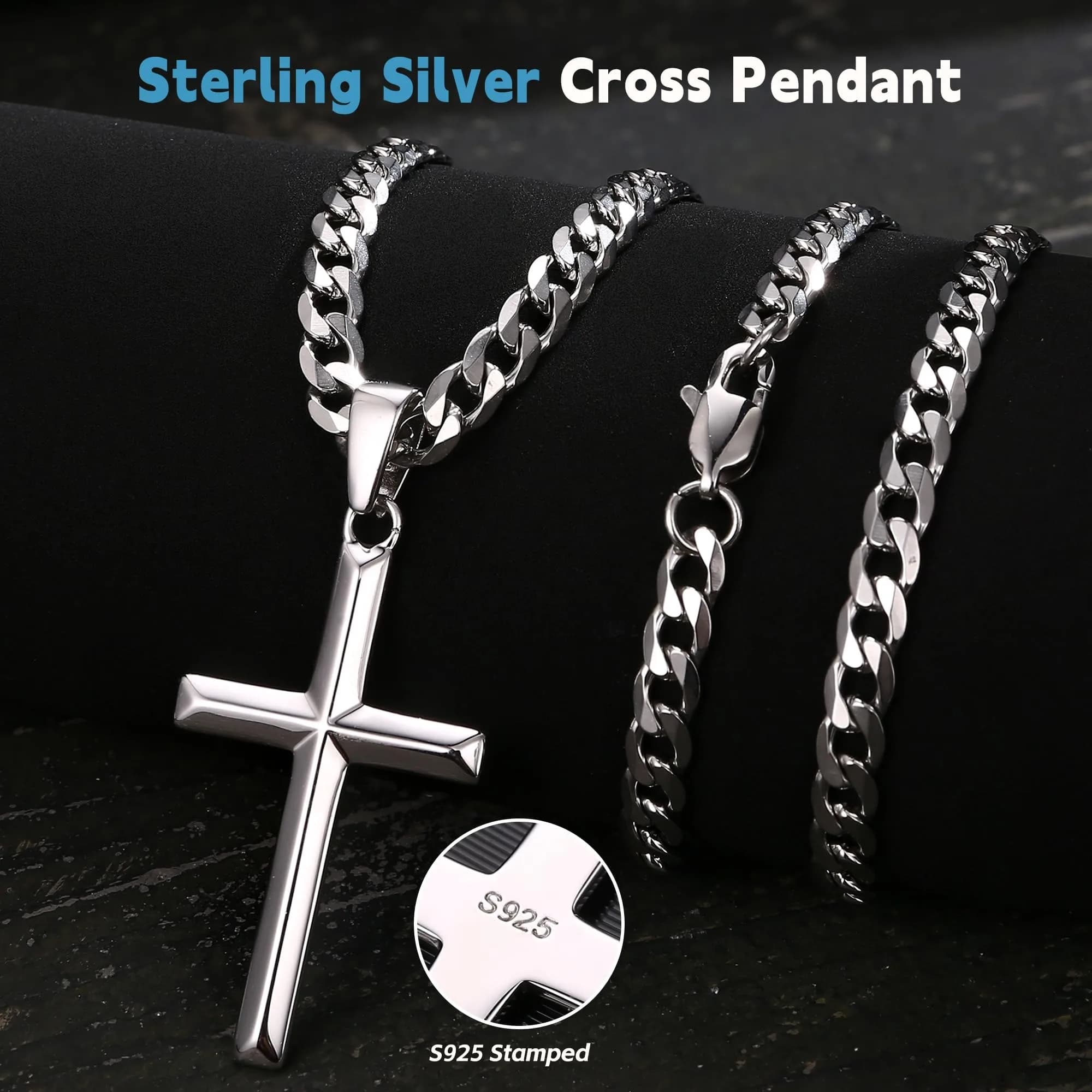 Fansilver Collana con croce in argento sterling 925 per uomo donna Catena durevole in acciaio inossidabile Ciondolo croce crocifisso in argento 18-28 pollici