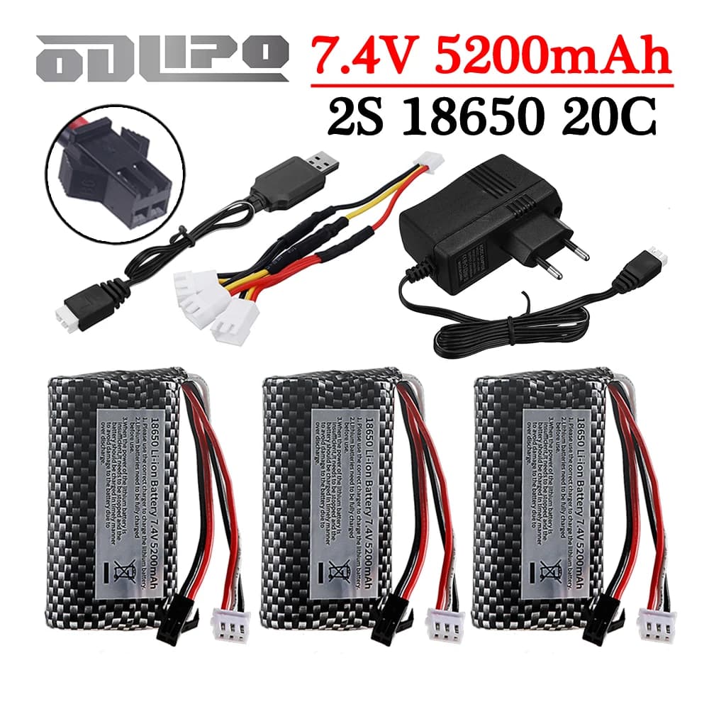18650 7.4V 5200mAh batteria agli ioni di litio con caricabatterie per WPL MN99S D90 U12A S033g Q1 H101 Rc giocattoli auto barche auto droni accessori