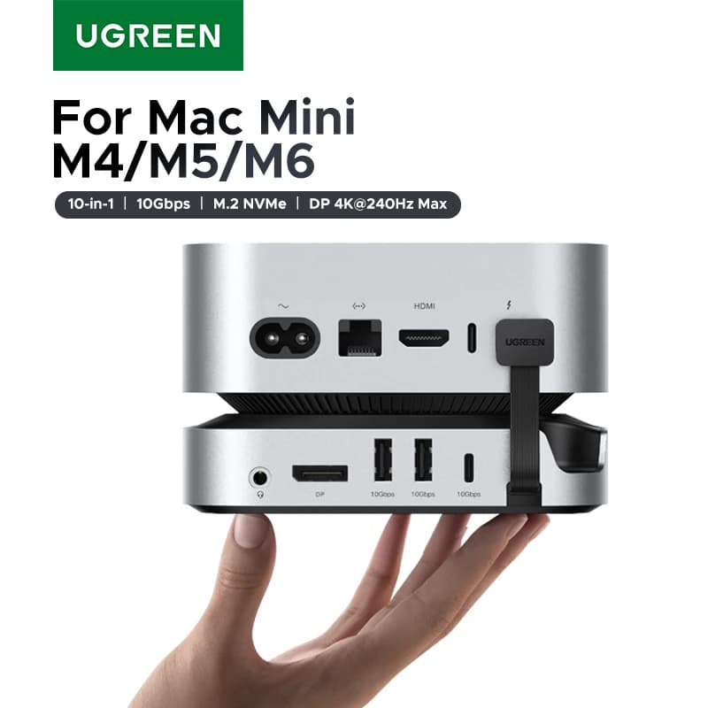 UGREEN Mac Mini Docking Station USB HUB Tipo-C a DP 4K240Hz M.2 NVMe Slot SSD 10Gbps USB-A Splitter SD e TF 3,5MM per Mac Mini M4