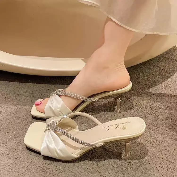 Fashionable Diamond Fairy Style High Heel Sandals Summer New Arrival Breathable Low Cut Slip-On Rubber Outsole Fine Heel
