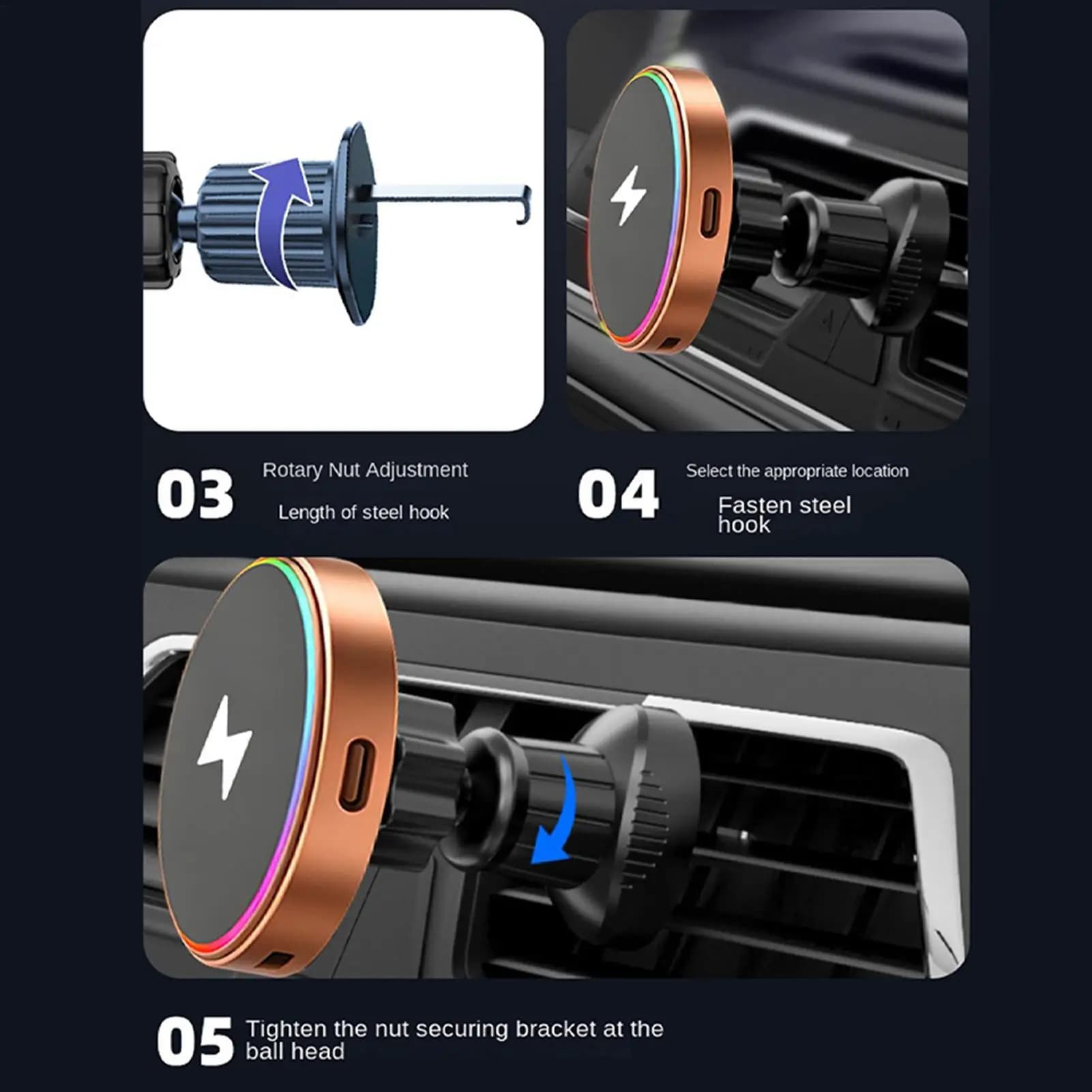 Magnetic Car Phone Mount 15W Fast Charging Wireless 360-Degree Rotatable Air Vent Smartphone Stand For Air Vent SUV RV Pickup