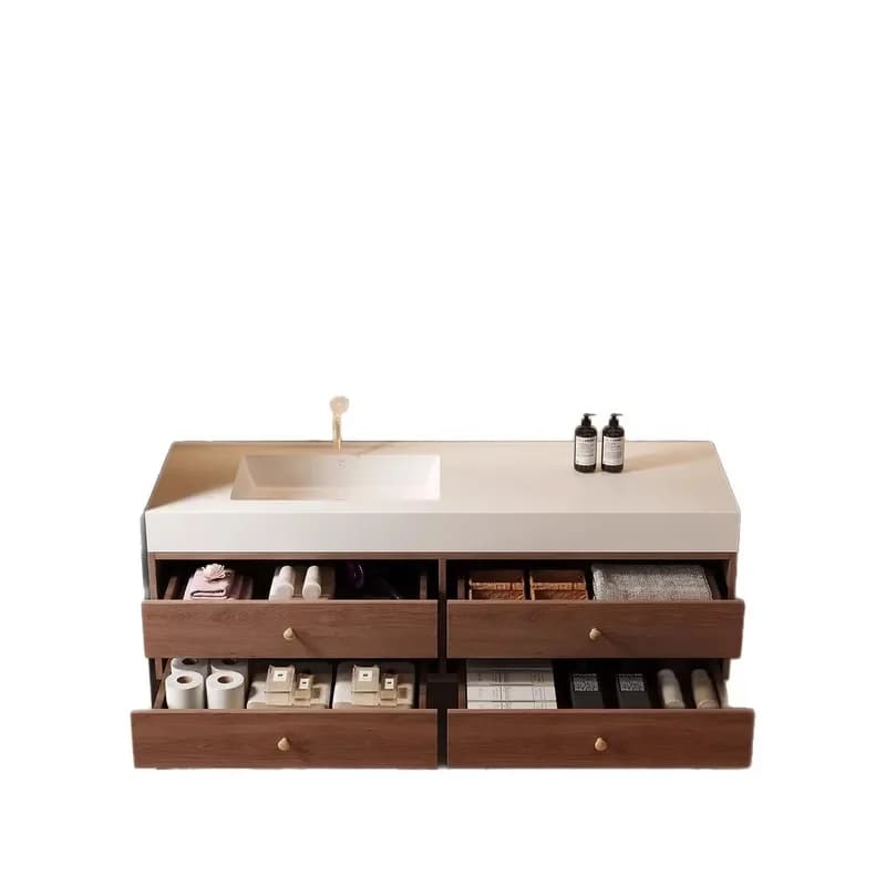 Integrated Bathroom Vanity with Ceramic Basin Rock Slab Top Smart Backlit Mirror Cabinet Wall Mounted Washstand for Modern