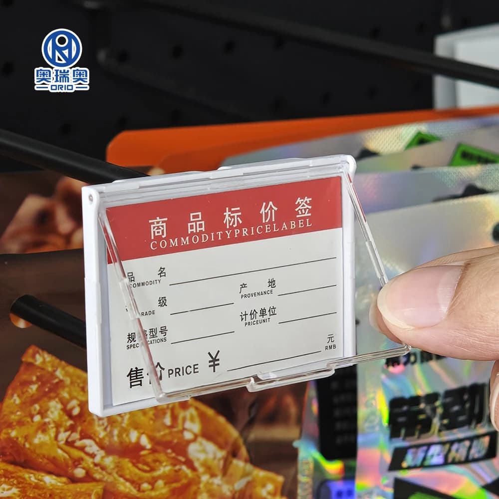 Porta etichette in plastica per cartellino del prezzo del supermercato Porta etichette in acrilico trasparente per cartellini da tavolo Porta etichette con gancio per mensola Porta biglietti da visita in carta