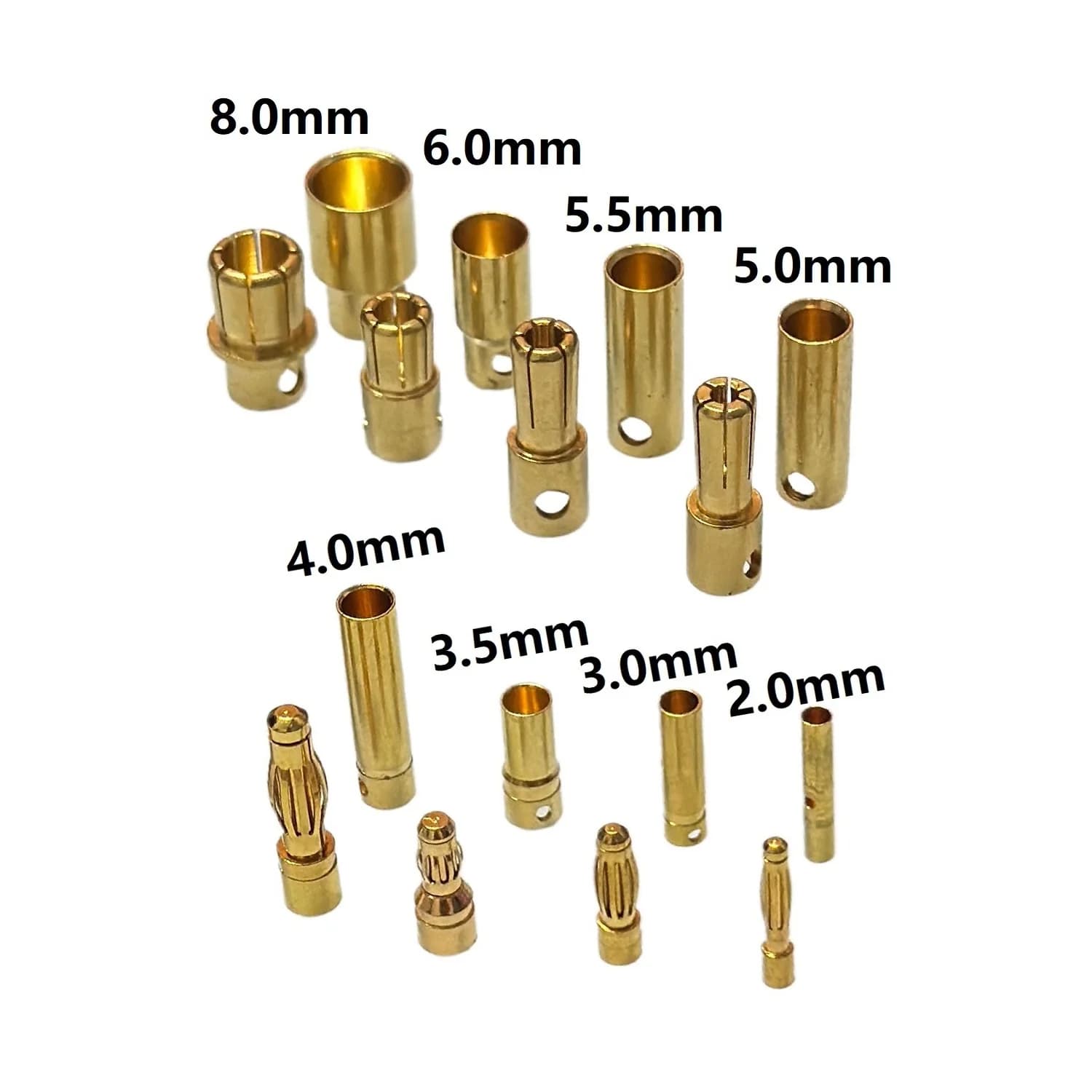 20 paia/lotto 2.0mm 3.0mm 3.5mm 4.0mm 5.0mm 5.5mm 6.0mm 8.0mm Oro Proiettile Banana Connettore Spina Per ESC Batteria Motore ESC