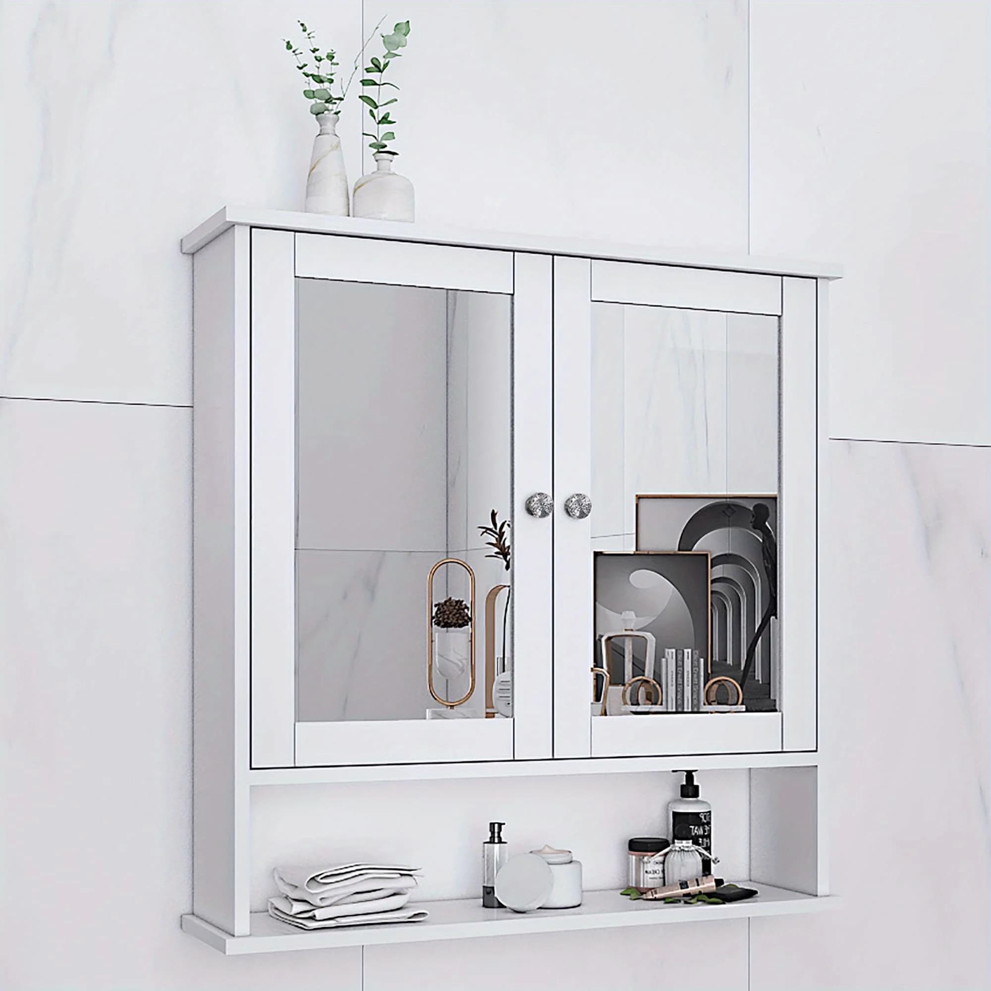 Mobiletto da Bagno Moderno Bianco in Metallo da Parete con 2 Ante a Specchio e Ripiani Regolabili - Salvaspazio per Medicinali