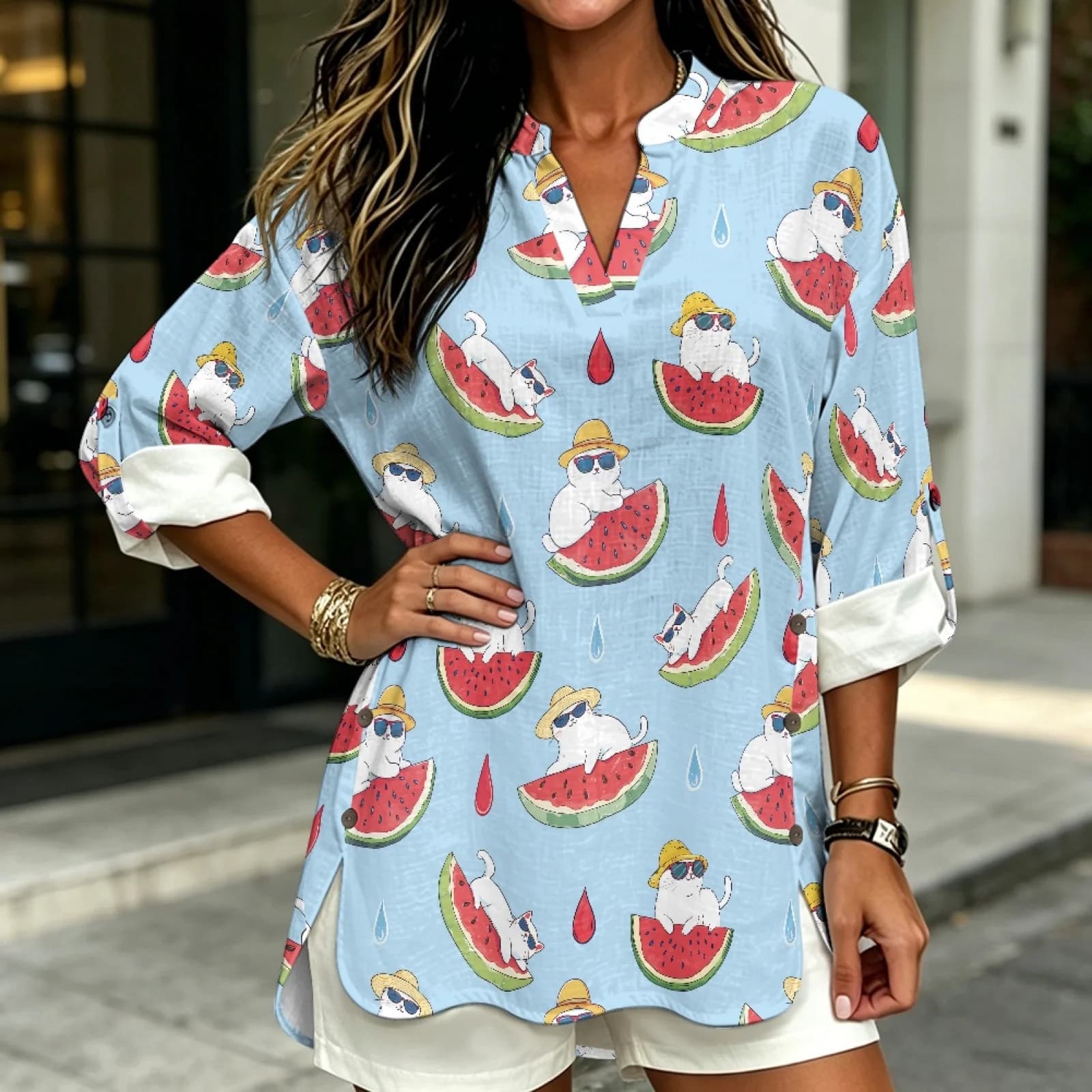 PENSTROLL Cat Watermelon Linen Like Long Sleeve Tops Lightweight Long Sleeve Blouses for Women Sizes S-5XL