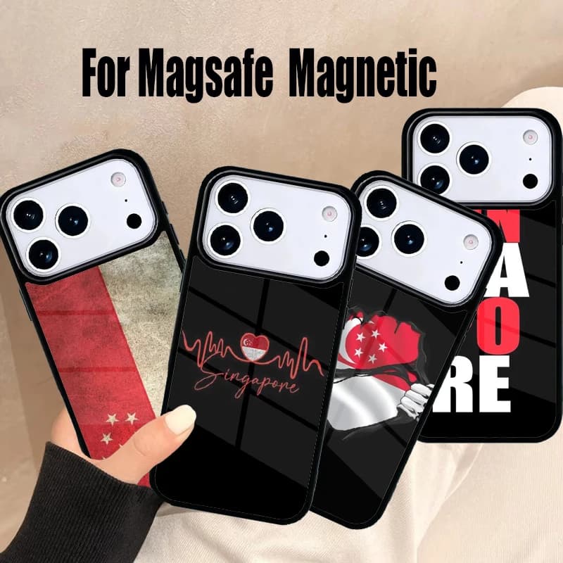 Custodia per telefono con bandiera di Singapore per iPhone 17 Air 16e 15 14 13 12 11 Pro Max Plus, Cover Magnetica Wireless Magsafe