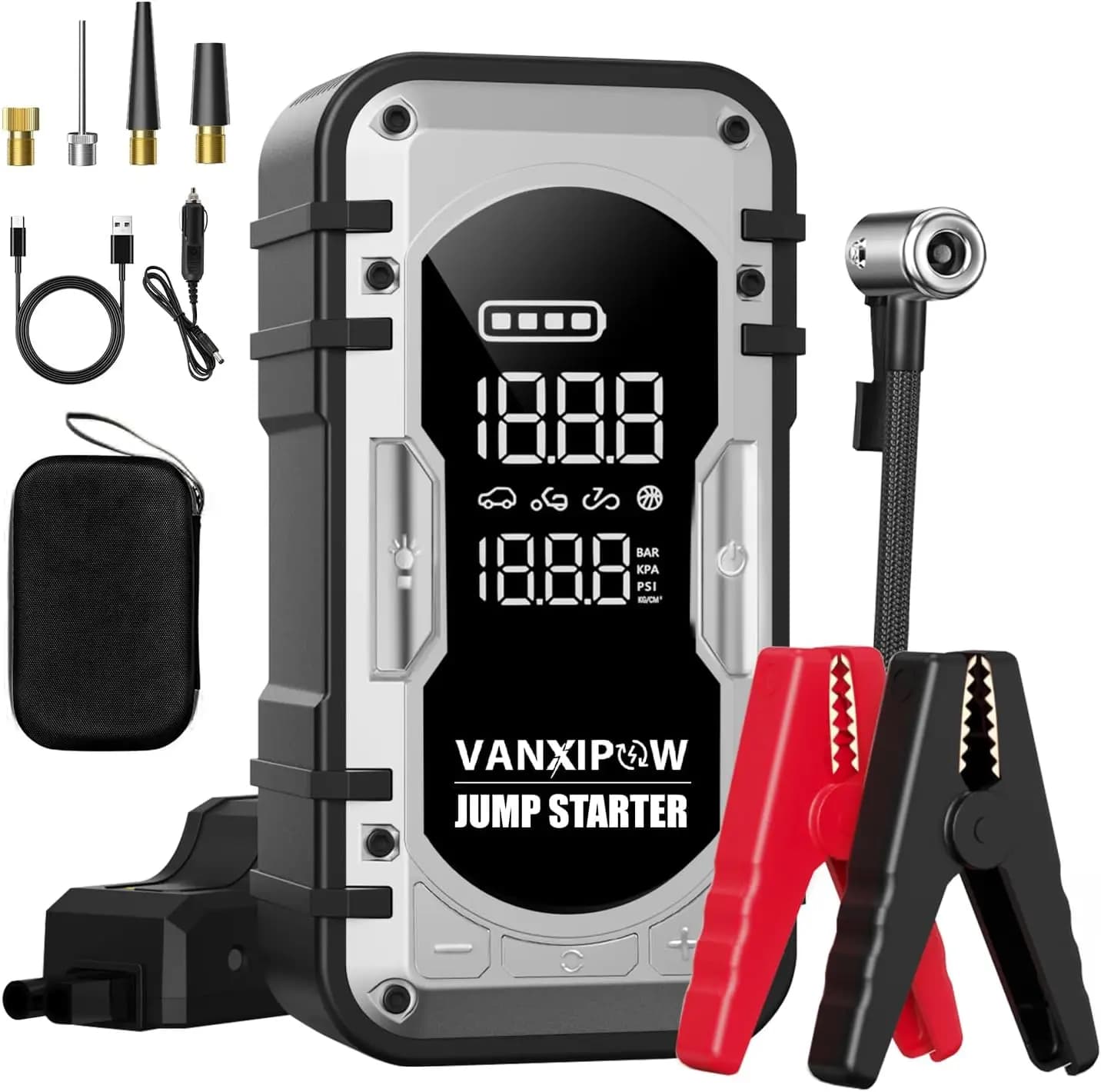 Avviatore portatile per auto da 12 V con compressore d'aria, 4500 A, 150 PSI, luce LED da 600 Lm, ampio display, Power Bank