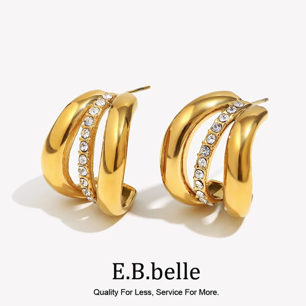 EBbelle PVD placcato acciaio inossidabile tre strati strass zucca donna festa matrimonio dichiarazione gioielli orecchio alla moda