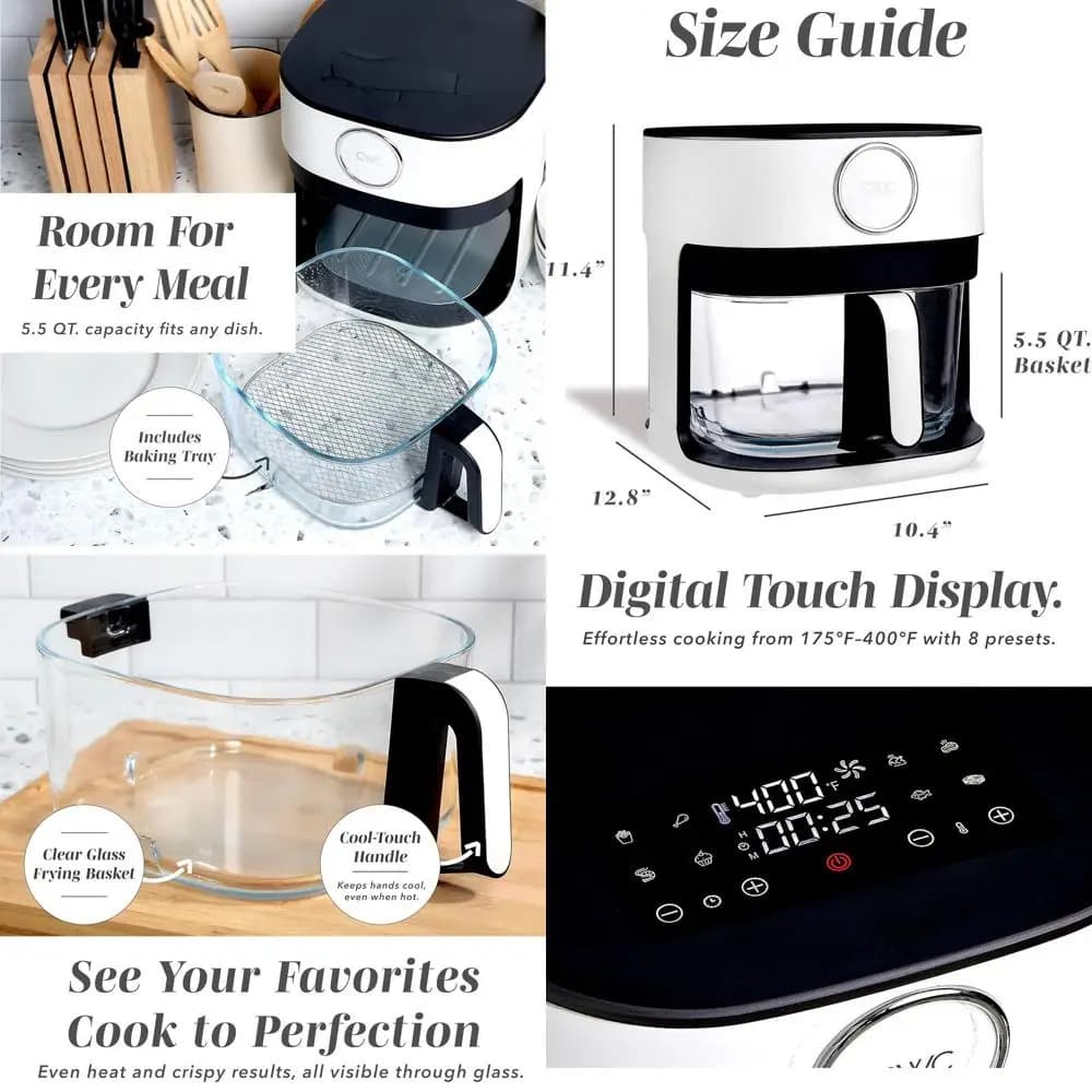 Friggitrice ad Aria Digitale 1400W, Cestello in Vetro da 5,5 Litri, 8 Modalità di Cottura, Cuocere, Friggere, Riscaldare, Timer 60 Minuti, 175°C ° F-400 ° Regolazione della temperatura, Linea F