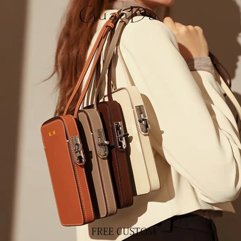Luxury Design Phone Bag Woman Portable Genuine Leather Cross-body Bag Custom Name Fashion Casual Lady Shoulder Bag Card Wallet