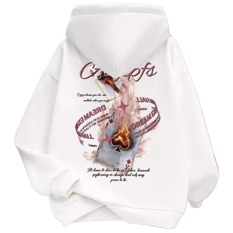 Felpa con cappuccio a maniche lunghe, ampia e casual, alla moda, per bambini, con stampa creativa di carte da gioco (cuore rosso), calda, sportiva, pullover