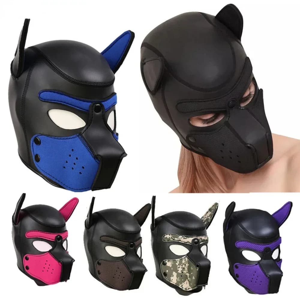 Giocattolo del sesso Spugna Testa di cane nero per uomini e donne Cappucci erotici BDSM Set di attrezzi per bondage Cappucci per cuccioli Maschere per cuccioli in gomma Imbracatura per cosplay