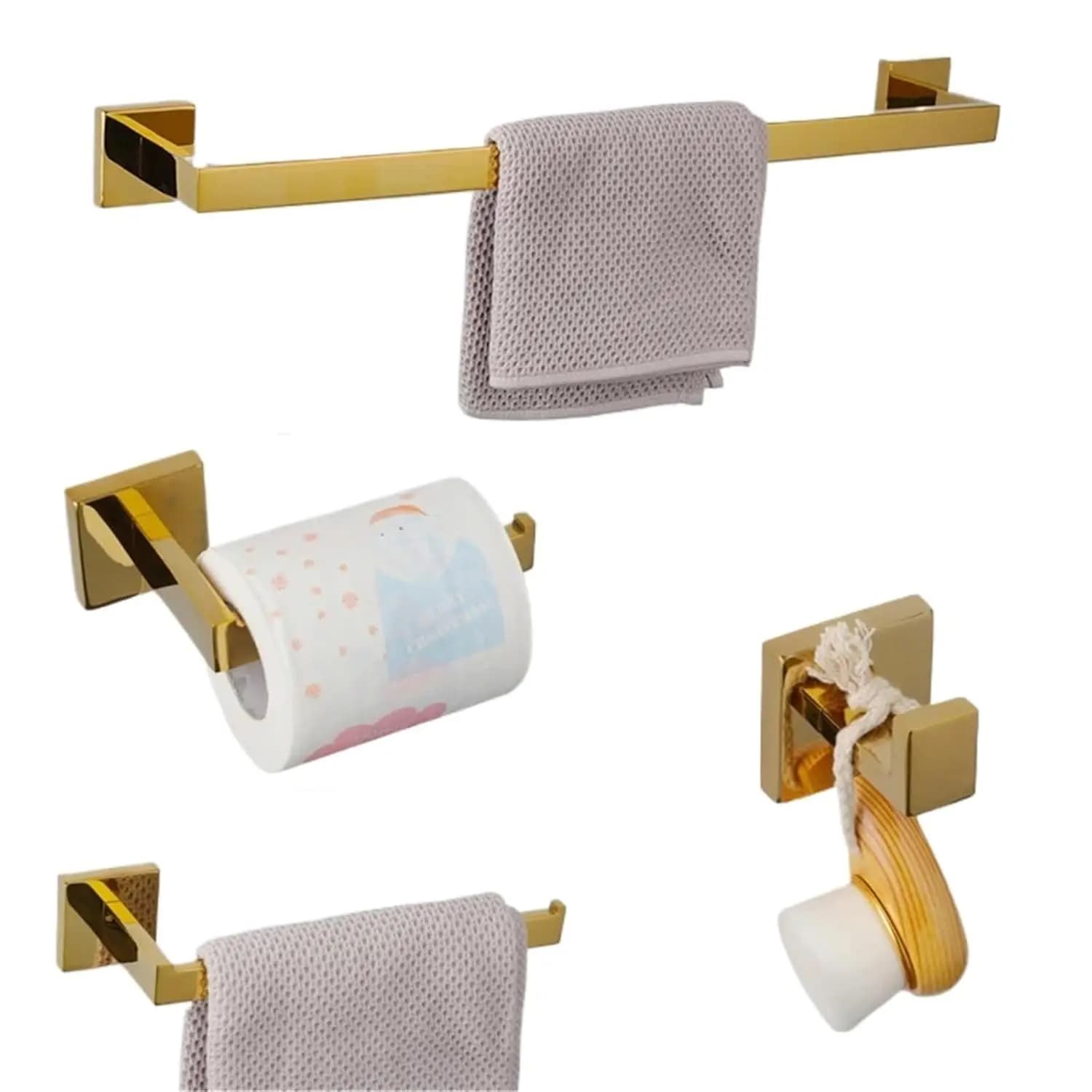 Set di Accessori per Bagno Dorati 4 Pezzi in Acciaio Inox 304, Portasciugamani, Gancio per Accappatoio, Porta Carta Igienica, Personalizzabile