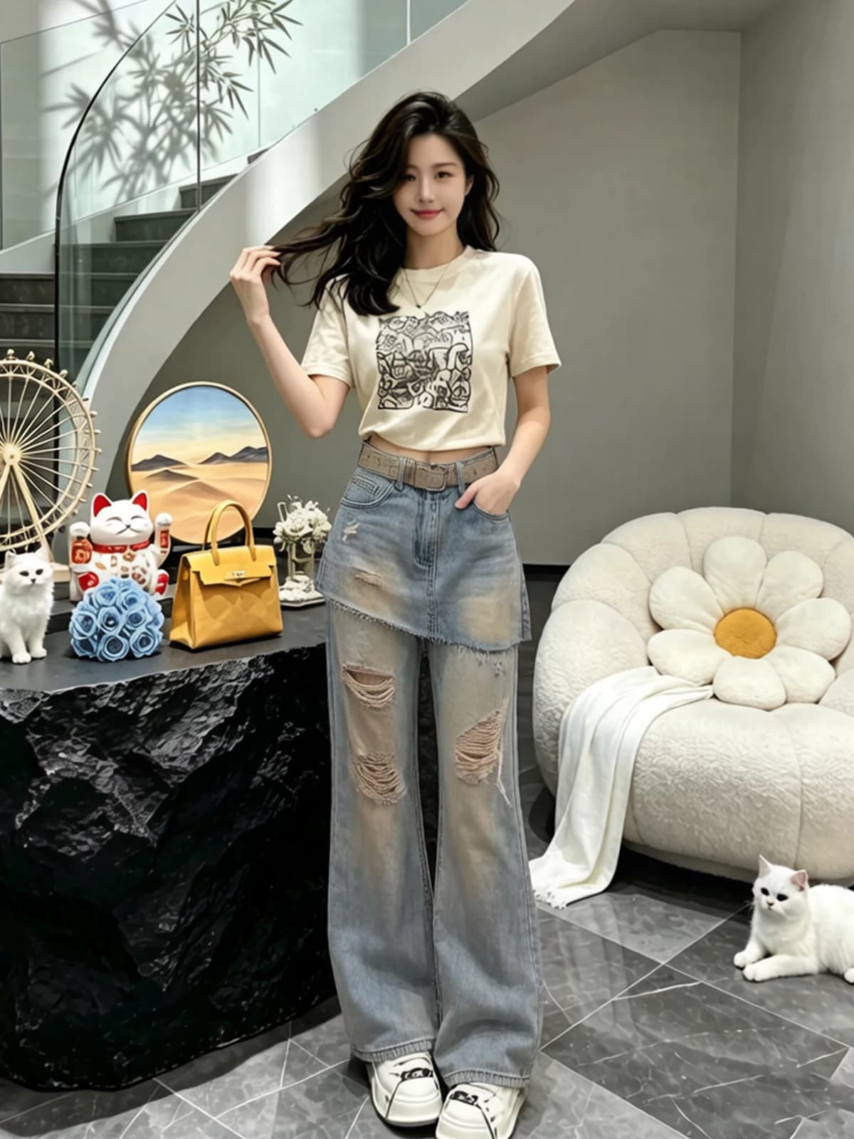 Jeans a Vita Alta con Gamba Dritta e Effetto Distressed, Nuovo Stile Estivo da Donna, Stile Hot Girl, Finto Due Pezzi, Pantaloni Lunghi Modellanti
