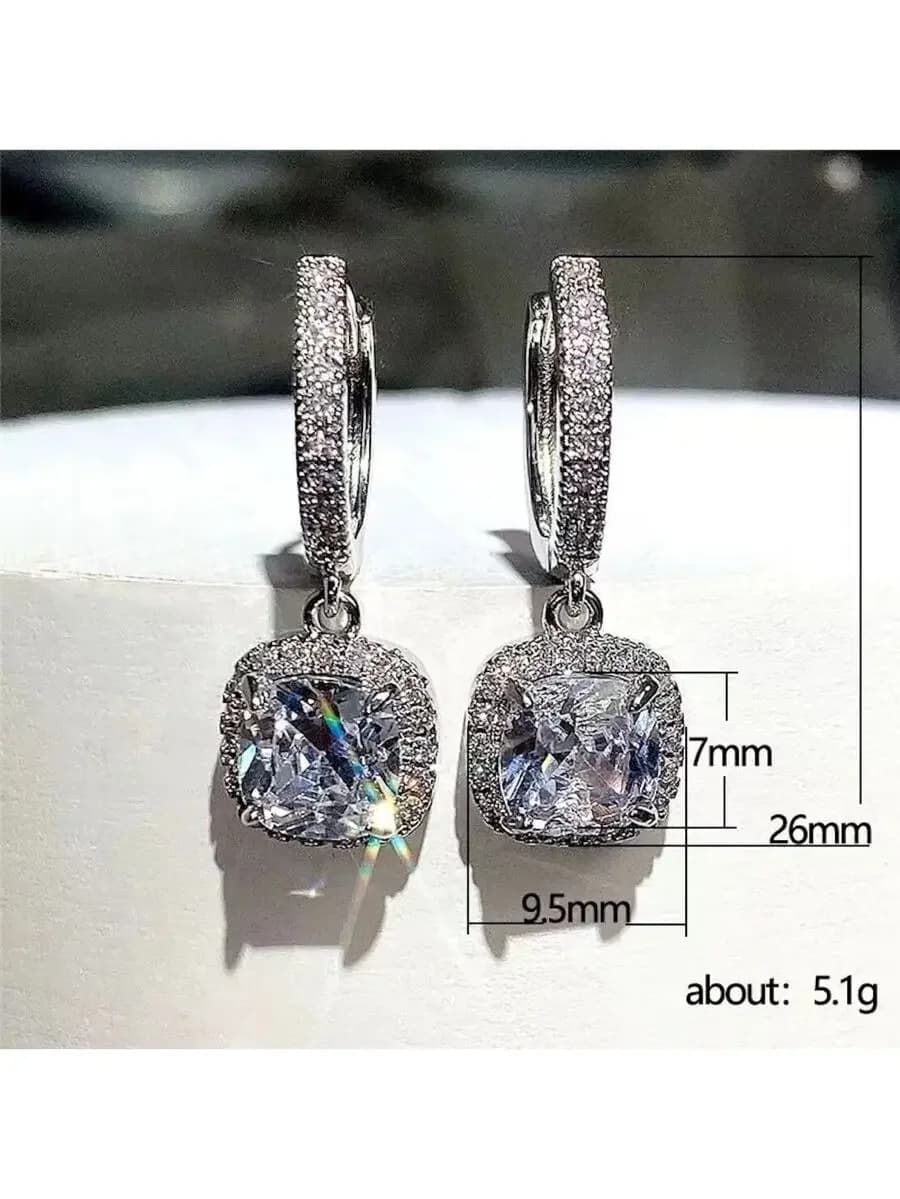 Square Cubic Zirconia Drop Earrings For Women, Fashion Style, Zinc Alloy With Rhodium Plating