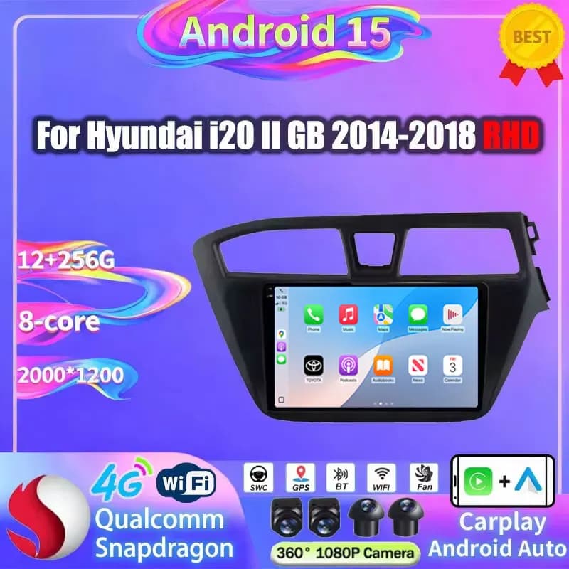 Autoradio Android 15 con Carplay Wireless per Hyundai I20 2 GB 2014-2018 RHD, Stereo RDS 4G LTE Wifi 2din, Lettore Video, Telecamera 360°, BT DSP