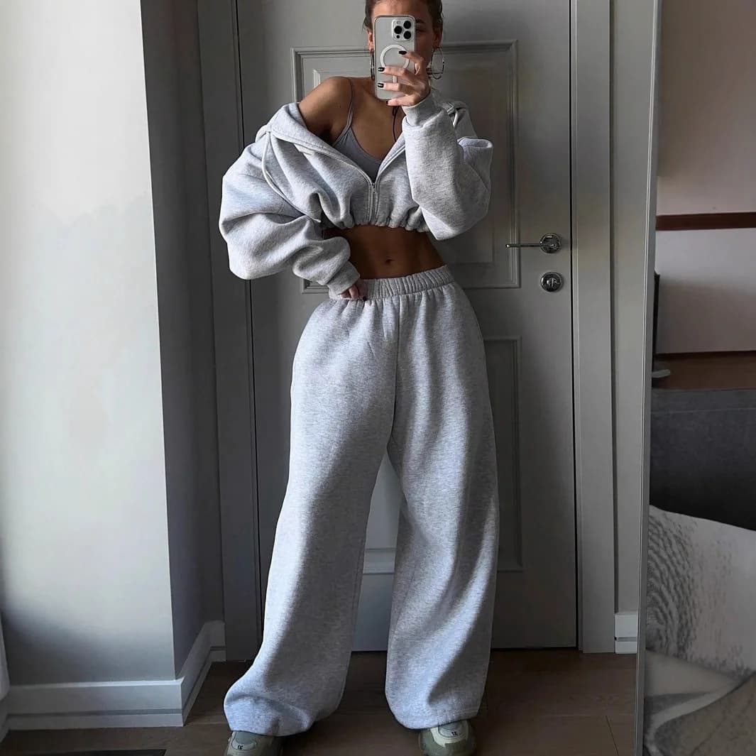 DSMTRC 2025 Autunno Donna Casual Sport Due pezzi Set coordinati Felpe con cappuccio Crop Top + Pantaloni sportivi Pantaloni Abiti Nero Club Abiti Donna