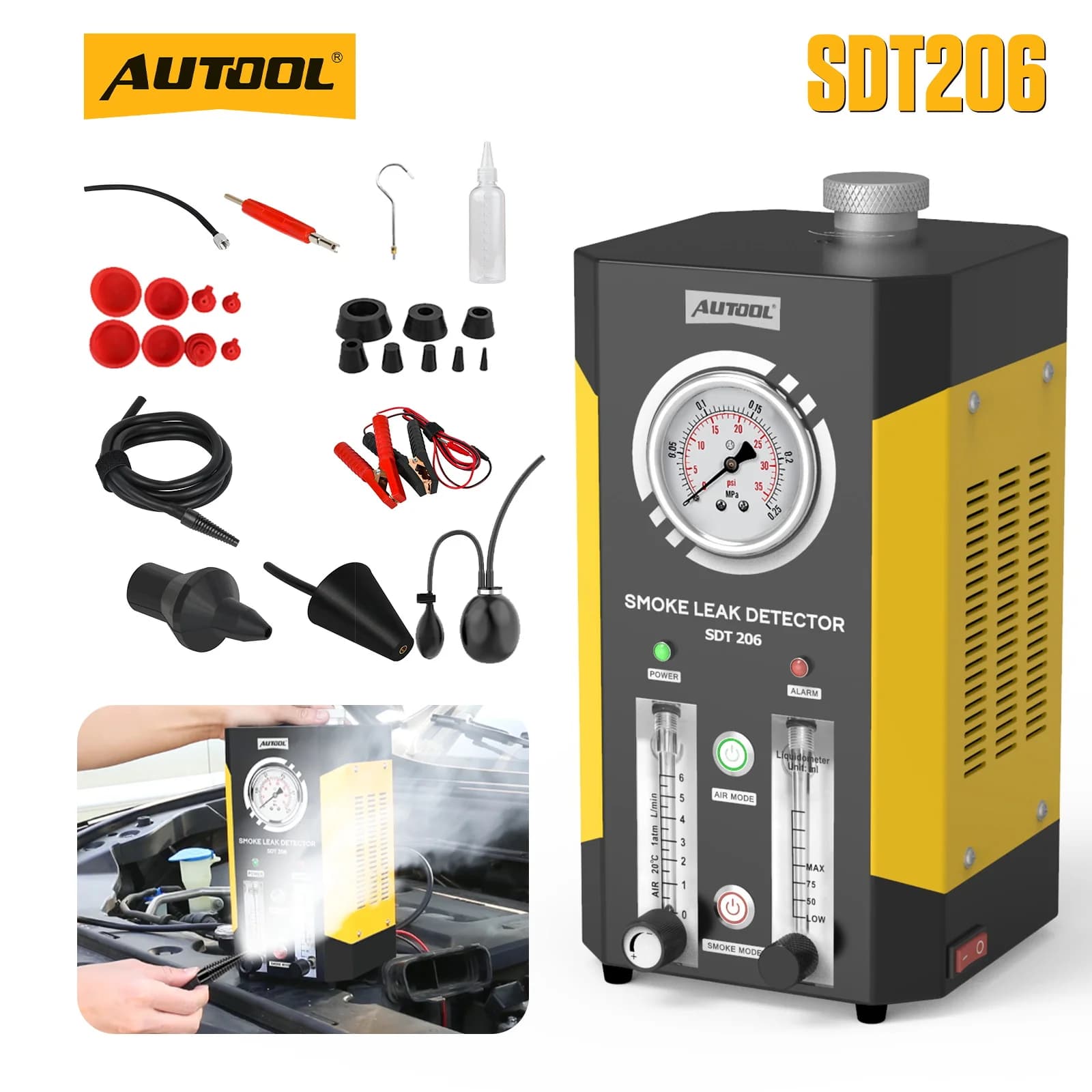 AUTOOL SDT206 Smoke Machine Leak Detector DC 12V with Built-in Air Pump EVAP Intake Pipe Leak Locator Diagnostic Tool