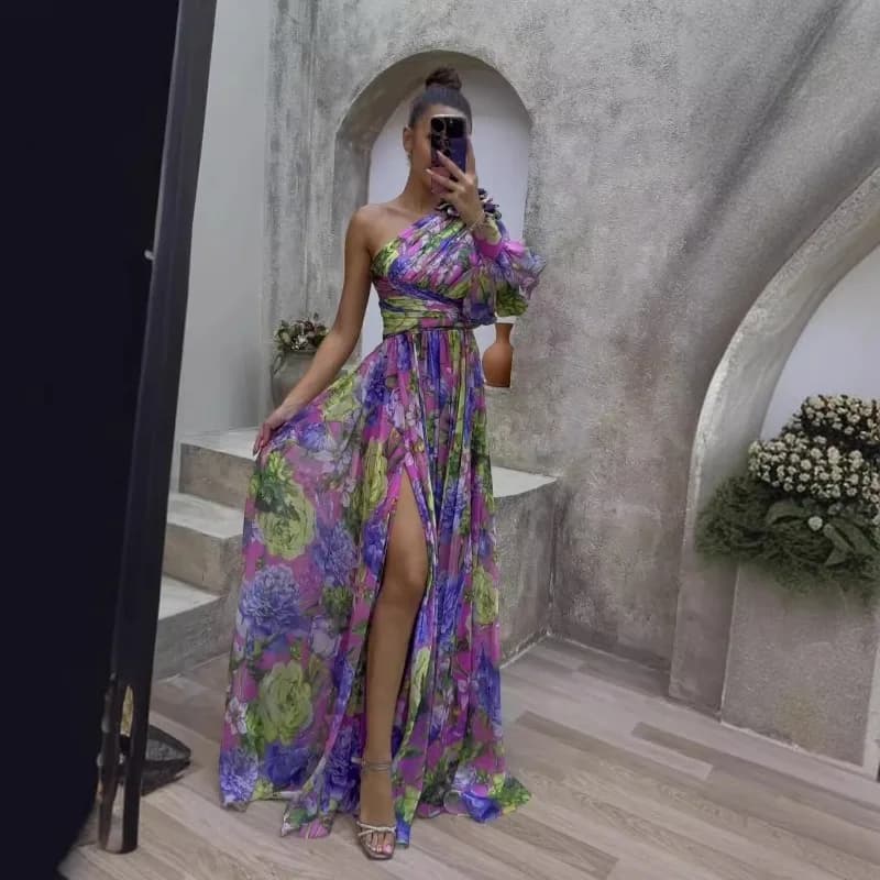 Estate nuove donne abbigliamento sexy spalla inclinata spalla singola manica lunga floreale lungo abito floreale a pendolo di fascia alta