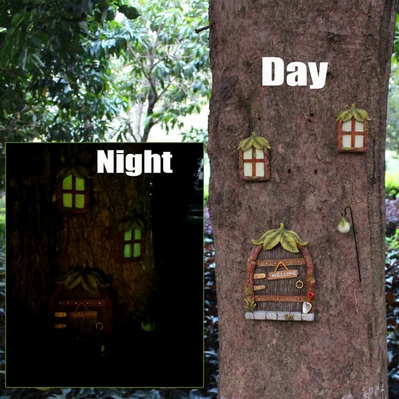 Ciondolo in resinaFata in miniatura Gnomo Finestra e porta di casa per alberi Decorazione Decorazioni da giardino Finestra e luce possono incandescere al buio
