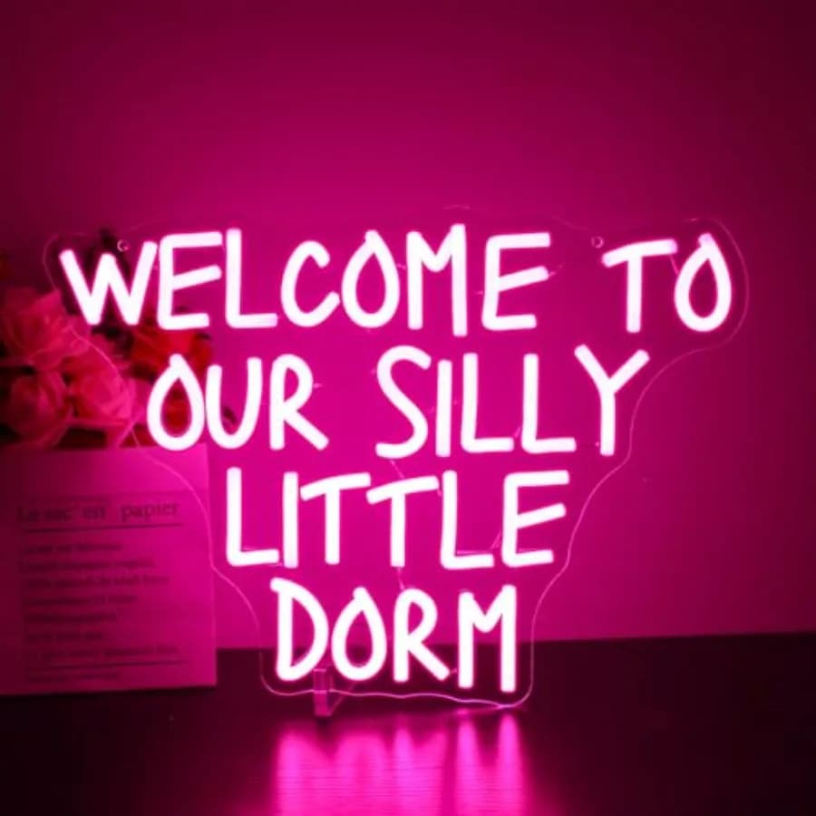Insegna al neon 'Welcome to Our Silly Little Neon Signs' per ogni tipo di decorazione, insegne LED rosa per camera da letto, aula, scuola, luce decorativa.