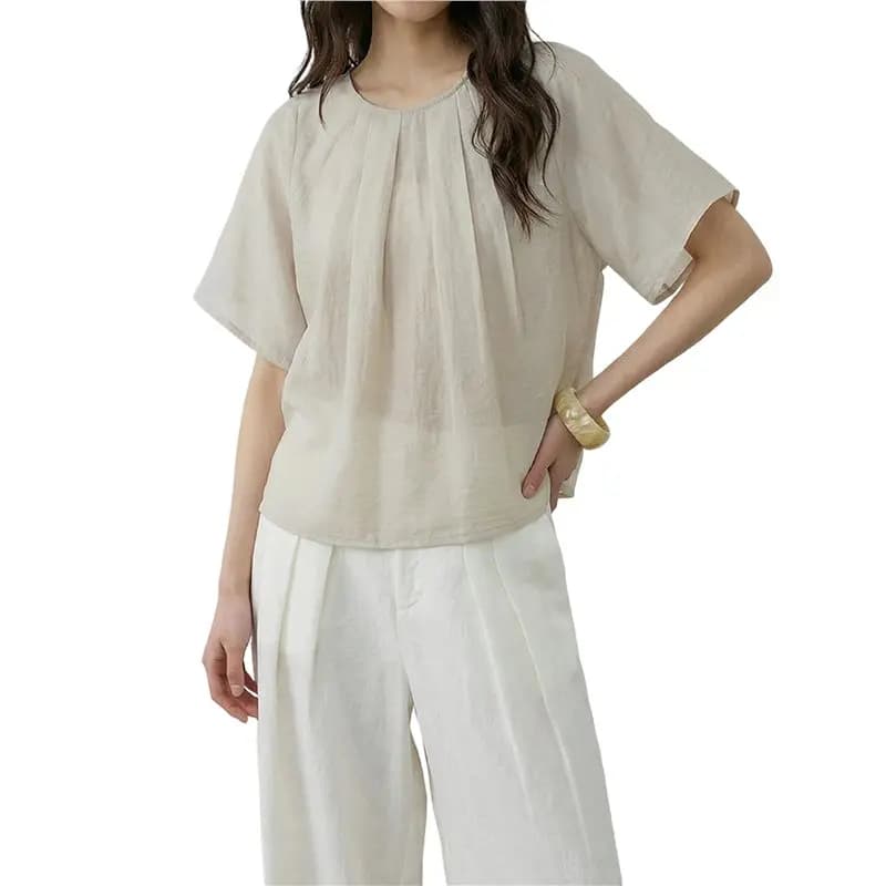 Women's Tops Crew Neck Short Sleeve Blouses Casual Summer Khaki One Size Eco-Friendly