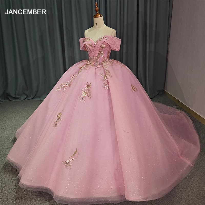 Pink Sweetheart Shiny Ball Gown Charming maniche corte abiti Quinceanera 2024 Classic Applique vestido de 15 asenos DY1202