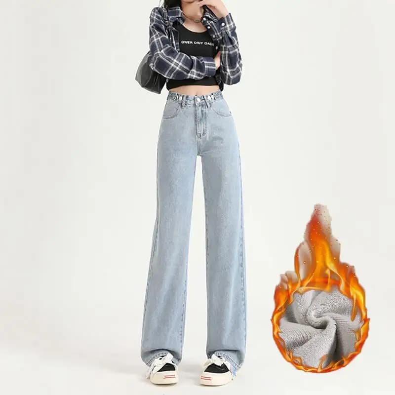 Jeans a Vita Alta da Donna, Pantaloni Lunghi Foderati in Pile Premium, Stile Artistico, Denim Blu Non Elasticizzato, Spessore Regolare