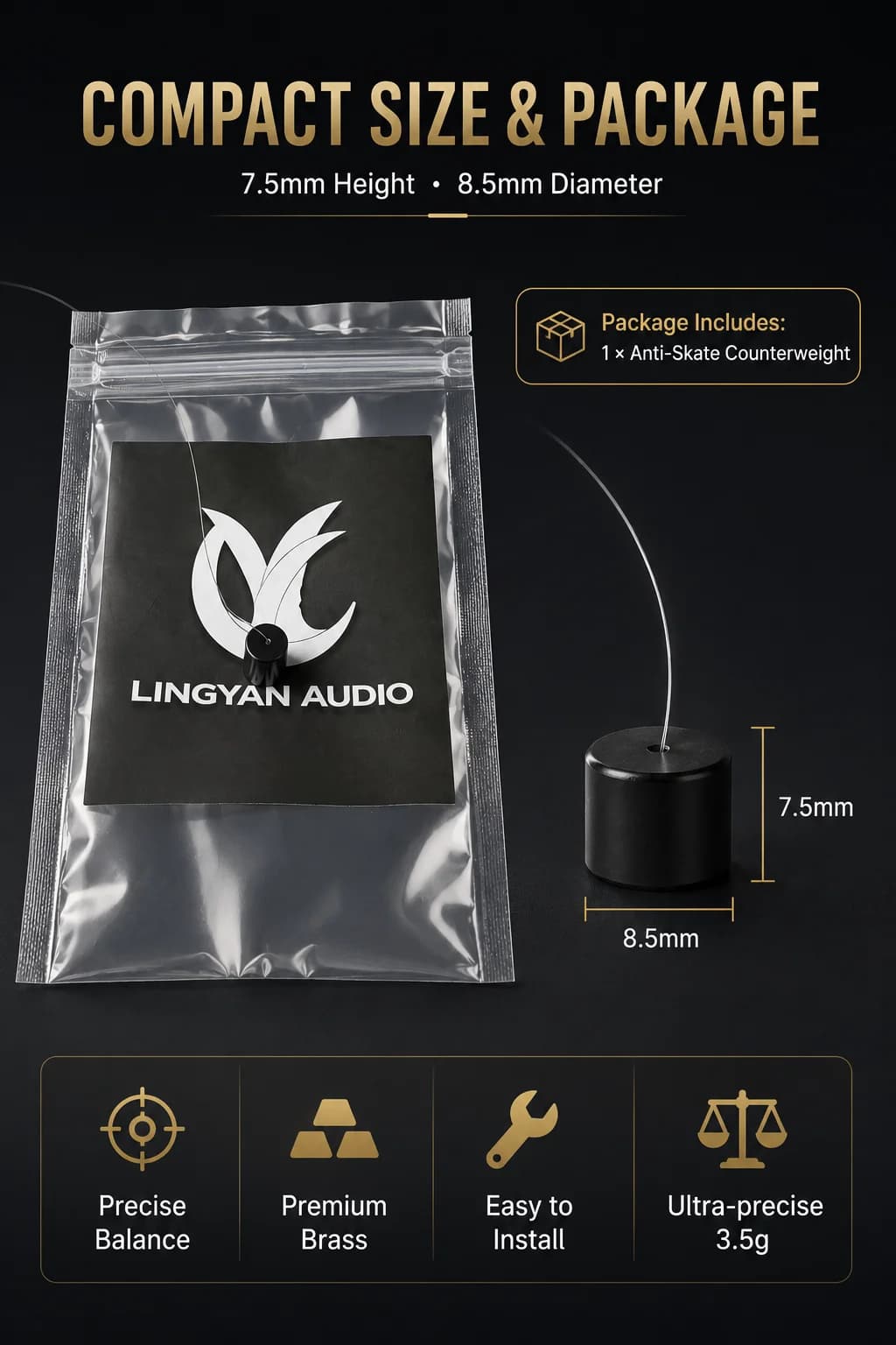 3.5g Brass Tonearm Anti-Skating Weight with Clear Fishing Line for Pro-Ject Vinyl Turntable Record Player HiFi Accessory