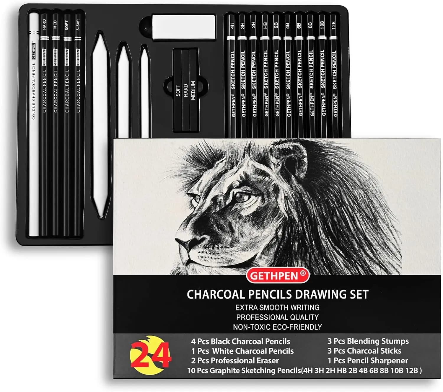 24-Piece Pro Artist Sketch Pencil Set: Graphite 12B-4H, Charcoal, Blending Stumps, Eraser & Sharpener