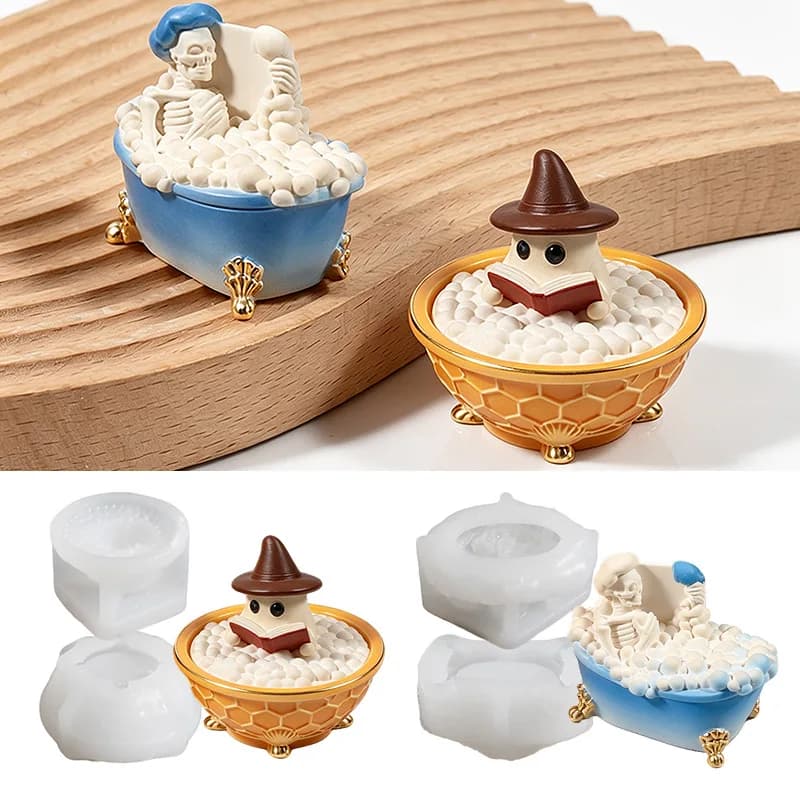 Bathtub Skull Storage Box Candle Cup Resin Silicone Mold, DIY Ghost Reading Gypsum Ornament Epoxy Resin Casting Mould