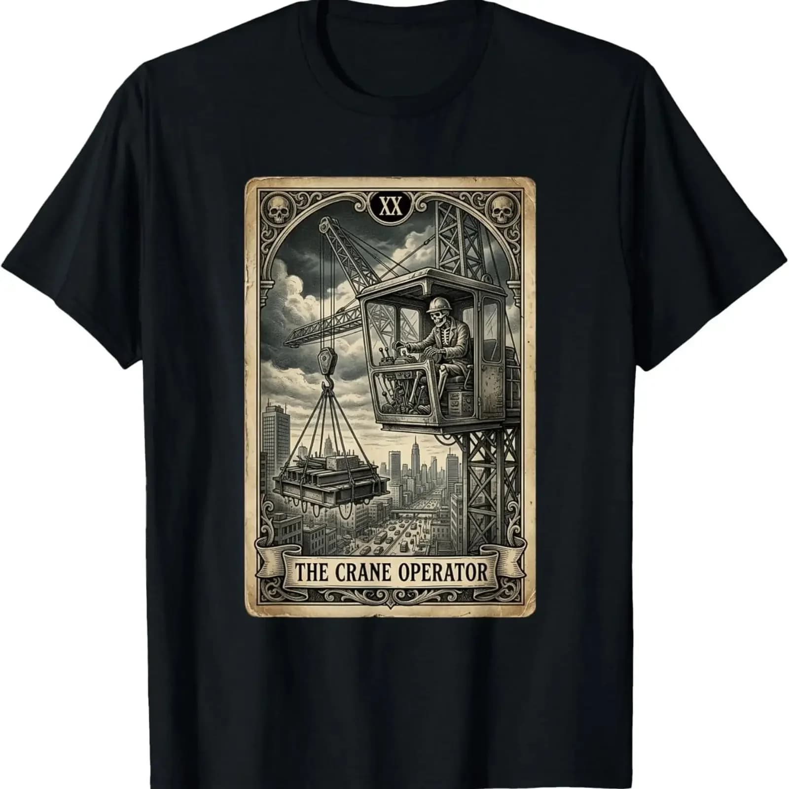 The Crane Operator Tarot Card Skeleton Cab Lifting Steel T Shirt vintage Washed Unisex Breathable Slightly Casual Soft fashion